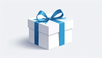 Obraz premium Minimalist white gift box with a blue ribbon and bow on a light background