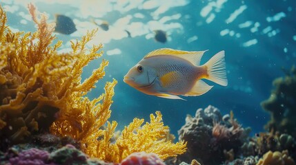 Fototapeta premium A vibrant yellow fish swims through the coral reef in the clear blue water.