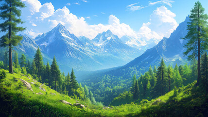 Obraz premium Majestic panoramic view of summer mountains with clear skies and wildflowers