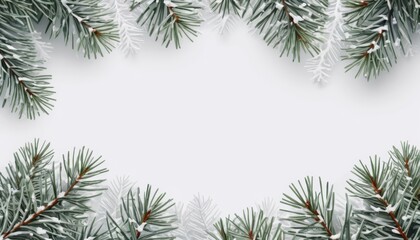 Christmas background with snow-dusted pine branches, featuring empty copy space for festive messages