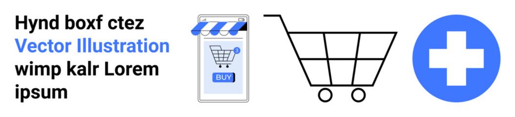 Fototapeta premium Text elements, mobile storefront with awning, shopping cart outline, and blue plus sign button. Ideal for online store, e-commerce, app UI, shopping, retail, digital marketing, medical or