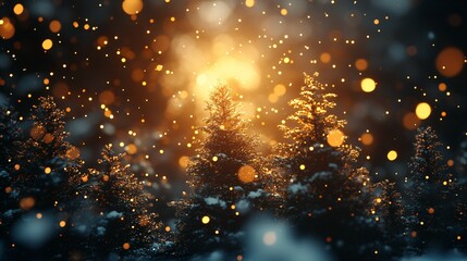 Obraz premium golden lights snowy evergreen trees space text