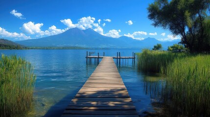Obraz premium Tranquil Lake View with Mountain & Wooden Dock