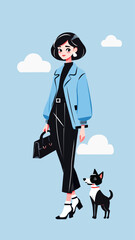 Full-length character. Vector isolated illustration. Flat character portrait. girls with dog, black cute dog pet, young woman with briefcase, fashionable girl, on walk
