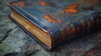 Old book with yellowed pages, gold edging, and a world map cover lies on a marble surface. The aged look creates a nostalgic, artistic ambiance.