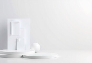 White Geometric Product Display with Platforms and Sphere.