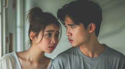 An Asian couple appears tense in a photo, with furrowed brows and crossed arms. The woman looks concerned, the man serious, conveying uncertainty.