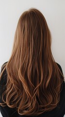 Fototapeta premium A woman with long, curly chestnut hair is pictured against a white wall, creating a cozy and intimate vibe. The focus is on her natural beauty and mysterious aura.