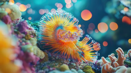 Obraz premium A vibrant, orange and yellow marine worm with iridescent tentacles, clinging to a coral reef in a blue, underwater environment.