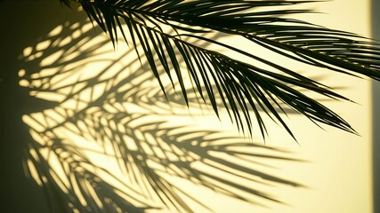 Obraz premium The gentle caress of sunlight on a palm frond creates a delicate dance of shadows on a pristine white wall.