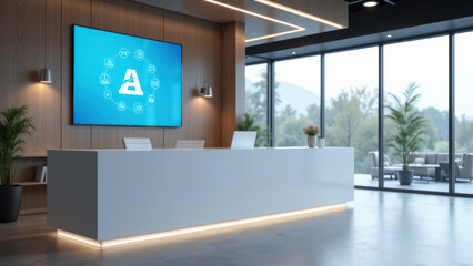 Modern office with a welcoming reception area featuring a desk, seating, and a large screen displaying bot integration technology, promoting efficient communication and collaboration.