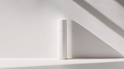 A sleek, minimalist white container stands upright on a shelf, illuminated by natural light, creating soft shadows on the wall behind it, contributing to a serene atmosphere.