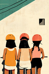 Illustration features three girls on bicycles, wearing colorful helmets set against a geometric, abstract background, symbolizing adventure and unity among youth.