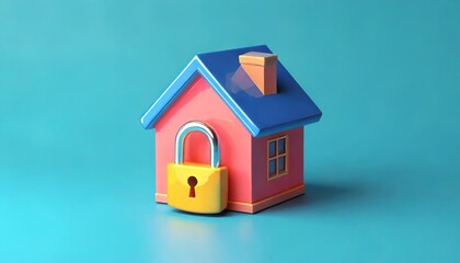 A vibrant toy house with a yellow padlock symbolizes home security and safety against intruders.