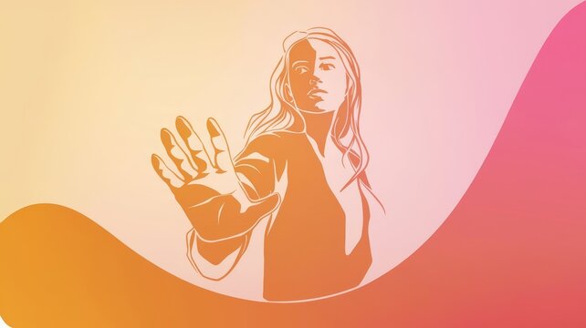 Lone woman silhouette holding hand up in assertive gesture against a pink and orange background