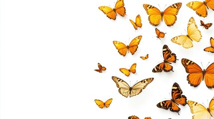 Fototapeta premium A white background with a swarm of orange, brown, and white butterflies.