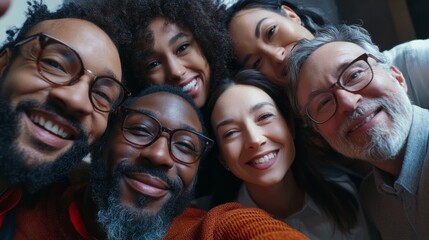 A group of people are smiling for a picture, with one man wearing glasses