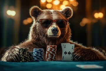 Calm Bear in Sunglasses Playing Cards at Table