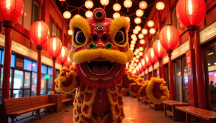 Fototapeta premium A lively lion dance costume performing under a canopy of red lanterns in a festive cultural setting