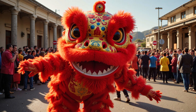 A vibrant lion dance costume performing in a lively street during a cultural celebration, surrounded by an engaged crowd