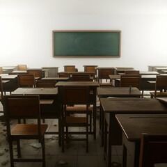 a classroom with a green chalkboard on the wall and a picture of a green board on the wall, a classroom with a chalkboard that says  the word  on it.
