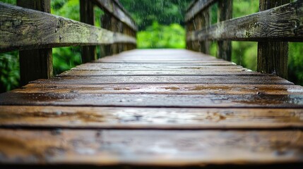 Obraz premium A wooden bridge in the forest, with raindrops falling on the wood.