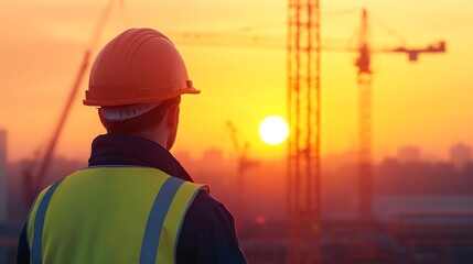 Engineer inspecting a large industrial crane s mechanical systems, towering in the background, warm sunset light, wide shot