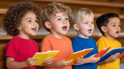 Fototapeta na wymiar Four young children joyfully singing together while holding colorful songbooks in a bright classroom setting