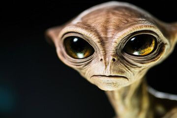 Intriguing Alien Close-Up with Intense Expression and Strong Shadows, Mysterious Sci-Fi Atmosphere on Dark Background