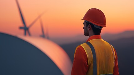 Engineers managing the assembly of wind turbines at a construction site, workers positioning blades, soft sunset glow, side view