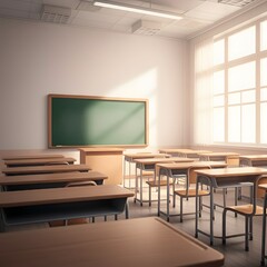 a classroom with a green chalkboard on the wall and a picture of a green board on the wall, a classroom with a chalkboard that says  the word  on it.
