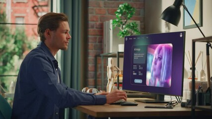Young Creative Marketing Brand Specialist Uses AI Image Generation Software on Desktop Computer, Creating Futuristic Woman Portrait. Digital Art Creator using AI Assistant for Ebusiness
