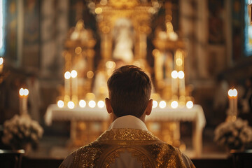 Obraz premium Generative AI Portrait of Pastor in Church Setting with Radiant Light and Religious Reverence