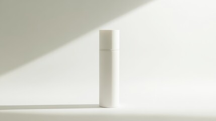 A sleek, white container stands upright on a light surface, casting a defined shadow. The natural light creates a soft atmosphere, highlighting the simplicity of the design.