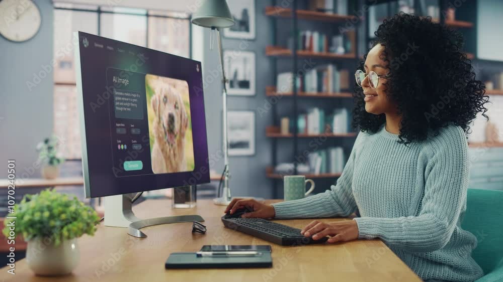Aufkleber Black Woman Uses a Computer With an Ai Chatbot Interface. Screen Displays an Image Generation Feature, Showing a Cute Golden Retriever Forming. Modern Creative Woman Works With Artificial Intelligence