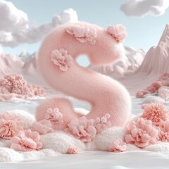 Pink furry letter 'S' decorated with flowers in a lush landscape
