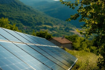 Close up solar panels farm in green fields. Renewable energies concept.
