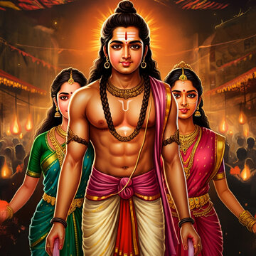 Majestic image of Lord Kartikeya with a strong aura, flanked by his consorts Valli and Deivanai, representing valor, protection, and divine unity