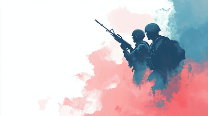 military soldier 2d illustration army banner graphic design painting artistic artwork soldiers sergeant world war peace army members watercolor effect painting splash red blue green silhouette gun