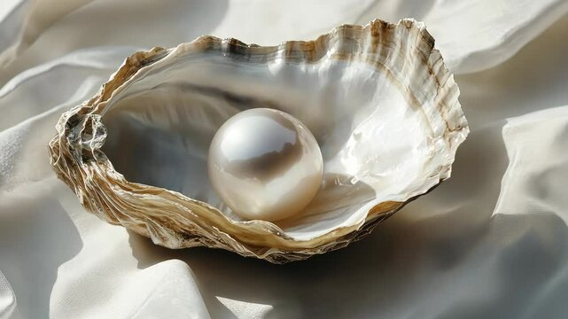 Oyster shell gracefully unveiling a stunning pearl nestled on luxurious white silk fabric