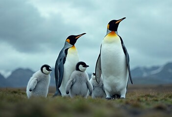 A group of emperor penguins standing on a grassy field with a cloudy sky in the background