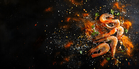Very rich, fresh and delicious shrimps, the ultimate shrimps. Exquisite, ultimate cuisine. Poster, commercial, poster, wallpaper, vegetables, menu, restaurant, background, shrimps, photography