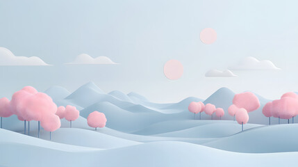 Pastel Pink Trees on a Blue Landscape.