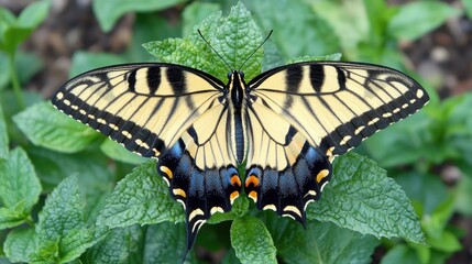 A yellow and black swallowtail butterfly with blue and orange spots on its wings, perched on green mint leaves.