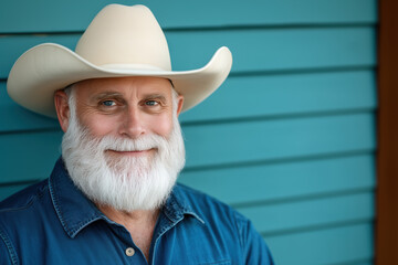 Happy Senior Man with White Beard and Cowboy Hat in Soft Lighting with Neutral Background