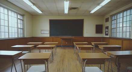 A clean and empty high school classroom with white chairs, wooden tables, a chalkboard on the wall, and sunlight streaming through the windows