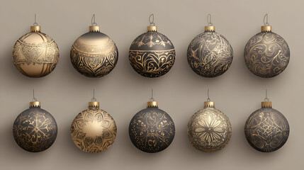 Black and Gold Christmas Ornaments with Intricate Designs.