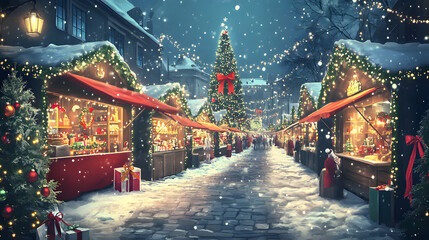 Festive Christmas Market in Snowy Town.