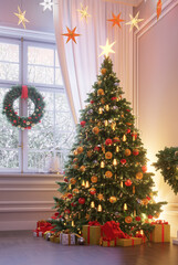 A Christmas tree decorated for Christmas, with a star on the top, in an interior with a window outside of which there is a snowy winter. 3d render