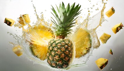 A pineapple with pineapple juice splashing out of it is a dynamic image with a lot of movement and energy